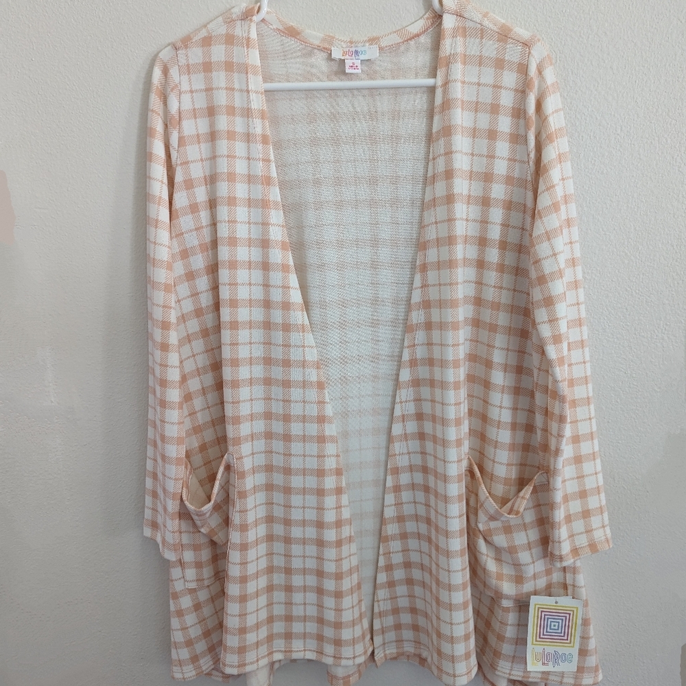 Lularoe Caroline Cardigan Peach and White Plaid Small NWT